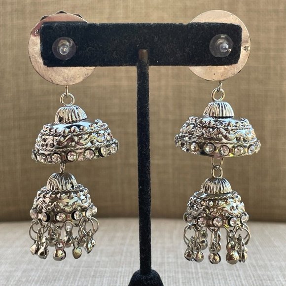 Women Earrings Jumka Silver Tone Fashion Jewelry Drop Down Earrings Traditional - Picture 6 of 7